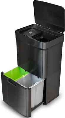 A black automatic trash can with a sensor lid and pull-out compartments for waste separation.