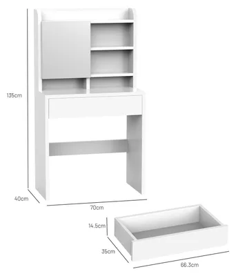 Produktbild von Schminktisch - Frisiertisch - Mit Spiegel - 1 Schublade - Spanplatte - 70x40x135 cm - Ohne Hocker - Weiß