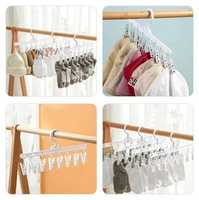 Produktbild von 4 Stück Sockentrockner mit 8 Clips Weiß Kunststoff Wand- und Türhänger Platzsparend für Unterwäsche und Socken