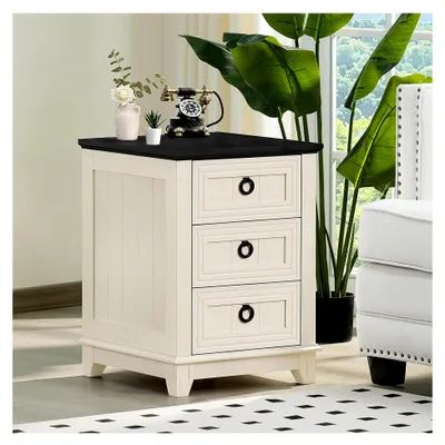 Produktbild von 46 cm Nachttisch im Landhausstil mit 3 Schubladen, Beistelltisch für Schlafzimmer, weiß