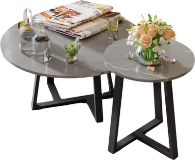Immagine prodotto di Tavolini Delunce – Set da 2 – Tavolini rotondi – Piani in pietra sinterizzata – Struttura in metallo nero – Design moderno – Soggiorno e salotto
