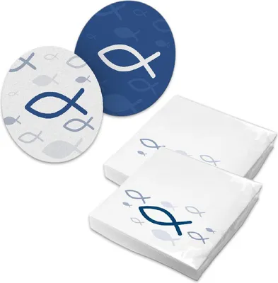 Produktbild von itenga 40x Serviette mit 40x Bierdeckel Kommunion Konfirmation Taufe Fisch blau