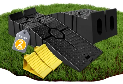 Produktbild von ACXIN 2er Stabile PP-Kunststoff Auffahrrampen mit Gelb Unterlegkeile, 2500kg Tragfähigkeit, stapelbar, leicht transportierbar für Autoreparaturen