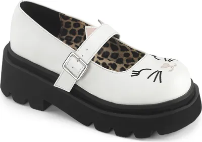 Produktbild von RENEGADE-56 DemoniaCult vegane Damen Plateaupumps gesticktes Katzengesicht weiß Matt