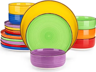 A stack of colorful plates and bowls.