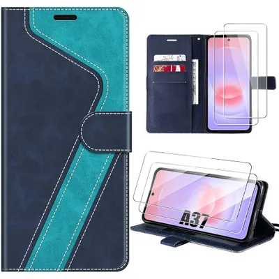 Image de Coque + 2 Verres Trempés pour Samsung Galaxy A37 5G, Anti-Rayures Antichoc Cuir Synthétique Bleu