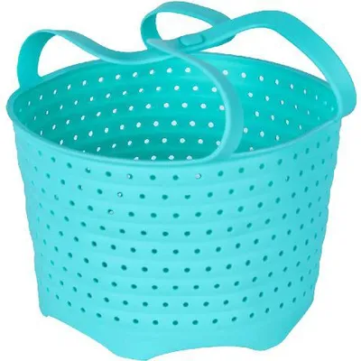 A turquoise silicone steamer basket with handles is shown against a white background.
