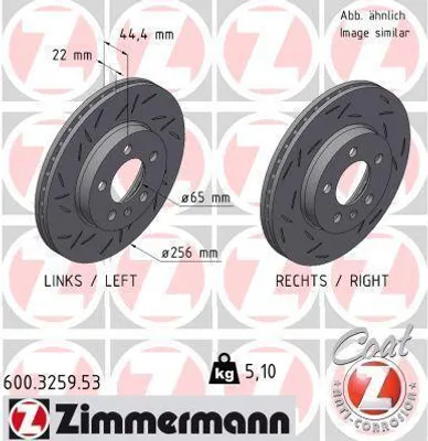 Produktbild von 2x ZIMMERMANN Bremsscheibe 600.3259.53 für VW POLO (AW1 BZ1) 44mm 5 1kg 256mm