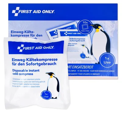 Produktbild von First Aid Only Kälte-Sofortkompressen 10 Stück | Vorratspack Kühlkompressen, sofort einsatzbereit, ohne Eis oder Vorkühlung | Einweg Kühlpads für Sport und Erste-Hilfe | P-10104 00