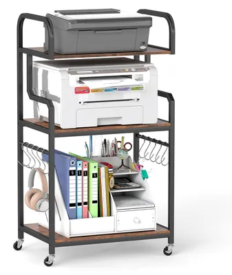 Produktbild von KOMFOTTEU 3-stufiger Druckerständer, Druckertisch mit 4 Universalrollen, 2 feststellbar, mobiler Druckerschrank mit Metallrahmen, Druckerwagen Rollwagen, Bürotisch, Aufbewahrungsregal für Drucker & Scanner