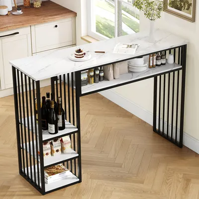 Produktbild von STILVORA Bartisch mit Stauraum, Stehtisch 140x40x105 cm mit 3 Ablageflächen, Küchentresen mit MDF-Tischplatte in Marmoroptik und Metallgestell