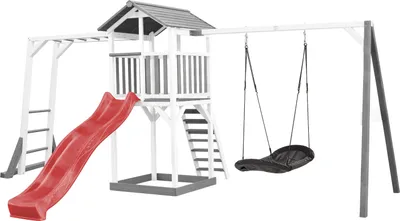 Produktbild von AXI Beach Tower Spielturm aus Holz in Weiß & Grau | Spielhaus für Kinder mit roter Rutsche, Klettergerüst, Nestschaukel und Sandkasten | Stelzenhaus für den Garten