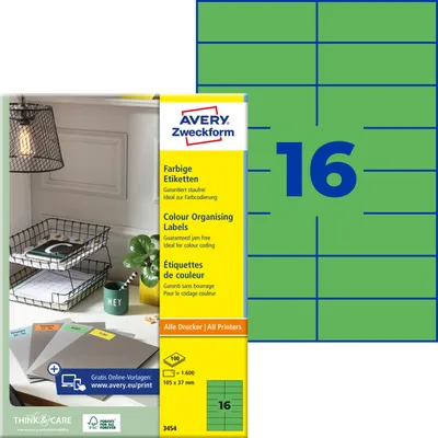 Produktbild von Avery Zweckform 3454, Farbige Etiketten, A4, 105 x 37 mm, 1.600 Etiketten / 100 Bögen, grün