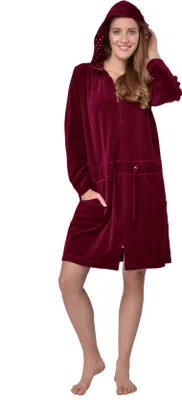 Produktbild von RAIKOU Damen Bademantel aus Baumwolle mit Kapuze - Damen Hausmantel Lounge Bademantel Morgenmantel Saunamantel Brombeer 44/46