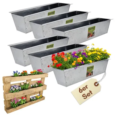 Hossi's Wholesale Set van 6 zinken bloembakken - inzetstuk 38 cm groot zilver - van verzinkt metaal - plantenbak, balkonbak, bloempot voor europallets