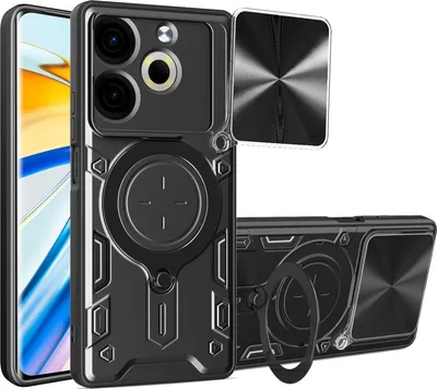Obrázek produktu pro Pouzdro pro Tecno Pova 6 Neo 4G dvojvrstvé odolné pouzdro s ochranným krytem kamery a kruhovým stojánkem na prsten Černý