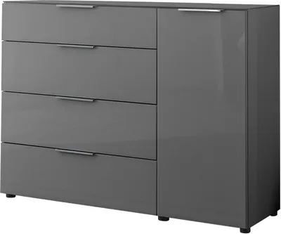 Produktbild von Kommode - 135 x 99 cm - 1 Tür - 4 Schubladen - Anthrazitglas - Anthrazit matt