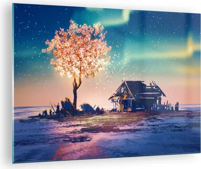 Produktbild von Bilder auf glas - Baum Haus Nacht Sterne - 70x50cm - Glasbilder - Wandbilder - Kunstdruck - zum Aufhängen bereit - Wanddekoration aus Glas - Glas Bilder - Wandbild auf Glas - Einteilig - GAA70x50-2849