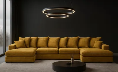 Zdjęcie produktu dla Sofa w kształcie U GABON narożnik z funkcją spania tkanina Zoom żółty
