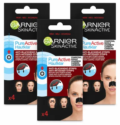 Produktbild von 3 x Garnier Pure Active Anti-Mitesser-Strips - Aktivkohle - Nase, Stirn & Kinn - Vorteilspackung - 3 Stücke