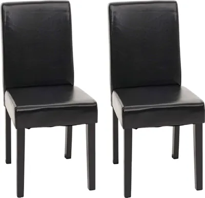 Two black dining chairs with dark legs are shown against a white background.