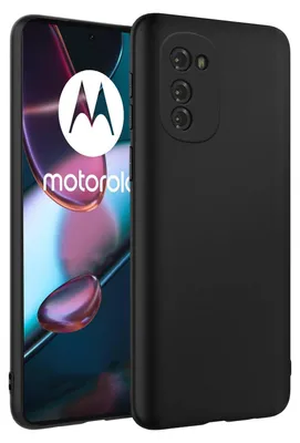 A black silicone phone case is shown next to a Motorola smartphone.