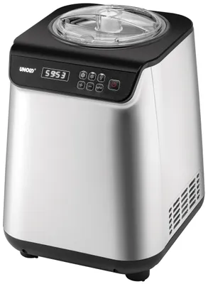 Die Unold Eismaschine Uno inklusive Eisbuch 1,2 L ist eine silber-schwarze elektrische Eismaschine m