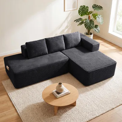 Productafbeelding van COMHOMA Hoekbank met slaapfunctie, 228 cm, corduroy, modulaire bank zonder poten, met chaise longue en metalen rugleuning. L-vormige slaapbank met open