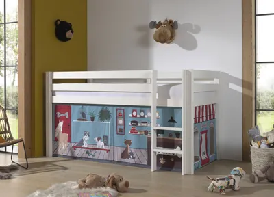 Produktbild von Vipack Halbhohes Bett PINO, mit Textilset "Pet Shop", Ausf. Kiefer massiv weiß lackiert