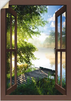 Produktbild von ARTland Wandbild, selbstklebend Fensterblick Angelsteg am Fluss, braun Größe: 70x100 cm