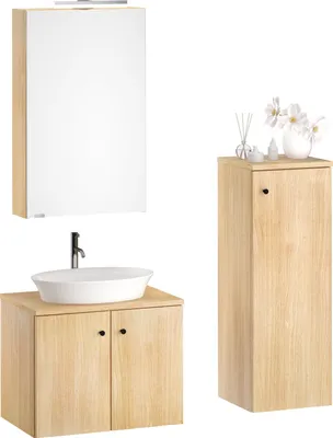 Produktbild von Badezimmermöbel-Set Spiegelschrank Waschtisch Schrank Eiche Dekor V-90.59-03Set ohne Füße