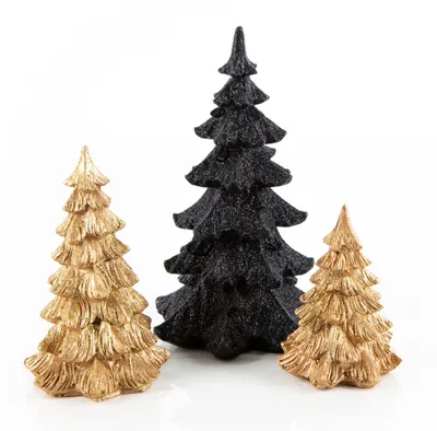 Produktbild von 3 Weihnachten Deko Bäume schwarz gold glitzernd 8,5-18 cm