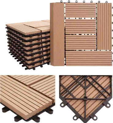 Zdjęcie produktu dla Płytki podłogowe WPC Rhone + wykończenie, balkon/taras o wyglądzie drewna, 11x po 30x30cm = 1sqm Premium ~ teak offset