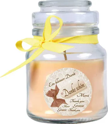 Produktbild von Duftkerze im Bonbonglas "Danke", Duft: Vanille ( Gelb ), 120g - Brenndauer bis zu 30 Stunden
