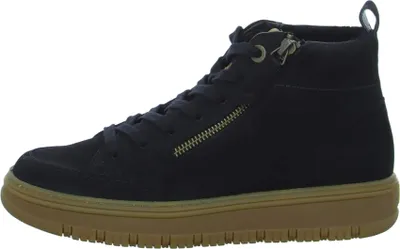 A side view of a black high-top sneaker with a brown sole.