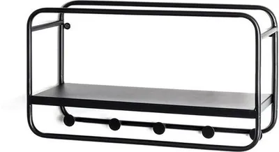 Immagine prodotto di Appendiabiti a parete modello Ibenzoa®, in metallo verniciato nero – 45x25x15 cm, 5 ganci regolabili (capacità di carico di 3 kg ciascuno) con ripiano, montato
