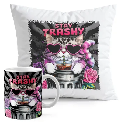 Produktbild von Zestaw Kubek + Poduszka Druk - Zwierzęta Kot Śmietnik