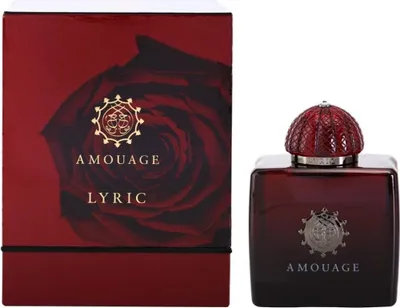 A perfume bottle and its packaging are displayed side-by-side against a white background.