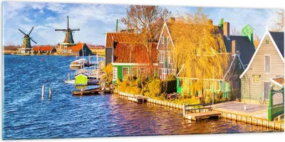 Produktbild von Bilder auf glas - Landschaft Windmühle Wasser Dorf - 120x50cm - Glasbilder - Wandbilder - Kunstdruck - zum Aufhängen bereit - Wanddekoration aus Glas - Glas Bilder - Wandbild auf Glas - GAB120x50-2866