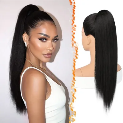 Produktbild von Glattes Ponytail Extension 55cm Schwarz Synthetik Kordelzug & Kammclip