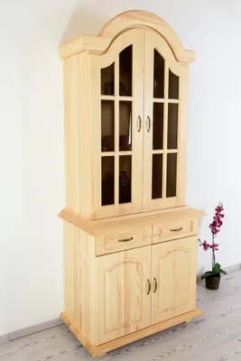 Produktbild von Moderne Vitrine Kiefer Natur massiv mit Glastüren und Schubladen 225x97x54 cm