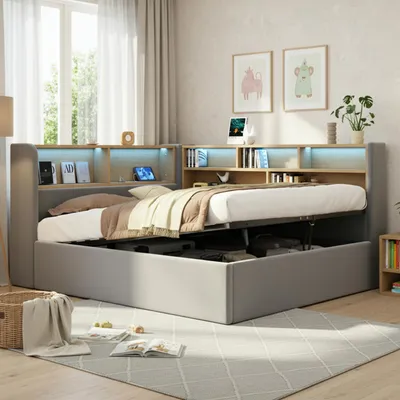 Immagine prodotto di okwish Divano letto 140x200 cm Letto imbottito con funzione di contenitore idraulico, rete con illuminazione a LED e porta USB, letto singolo con vani portaoggetti, grigio (senza materasso)