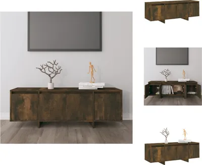 A collage of images showing a dark wood TV stand with multiple compartments, displayed in different angles and with doors open and closed.