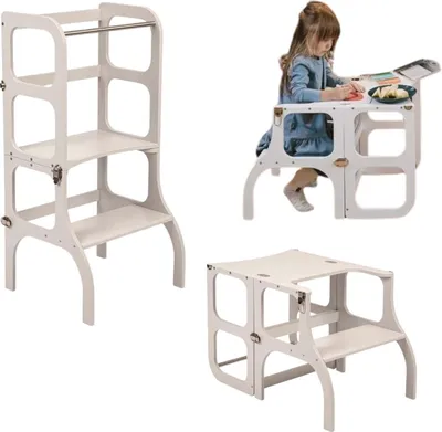 Produktbild von Helferturm 2in1 Tisch | Montessori Küchenhelfer für Kinder | Lernturm Schemel aus Holz | Küchenhelfer Lernstuhl | Stehhocker