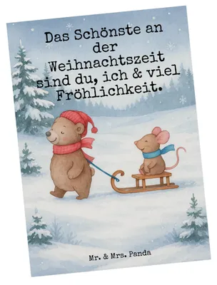 Produktbild von Mr. & Mrs. Panda Postkarte Bär und Maus Schlitten Design - Weiß - Geschenk, Postkarten, Ansichtskarte, bildkarte, Weihnachten, Fotokarte, Ansichtskarten