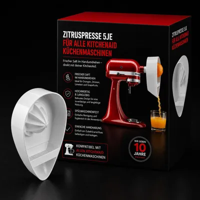 Produktbild von Zitruspresse 5JE kompatibel mit KitchenAid Küchenmaschinen – Zitruspressen-Aufsatz für frischen Orangen-, Zitronen- & Limettensaft