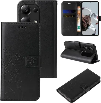 Produktbild von Handyhülle für Xiaomi Redmi Note 13 Pro Floral Blumen Schmetterling Flip Cover Hülle Case Klapphülle Handytasche Farbe: Schwarz