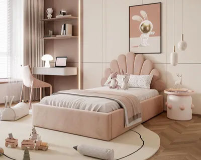A child's bedroom with a pink bed, desk, and toys.