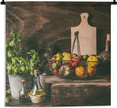 Produktbild von MuchoWow® Wandteppich Wandbehang Gemüse - Kräuter - Rustikal - Stilleben - Basilikum 60x60 cm Tapisserie Dekoration Wandtuch - Dekorationen - Wand Decke