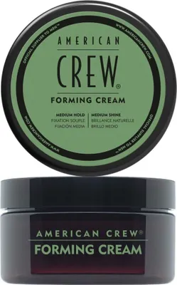 A top view of the lid of an American Crew Forming Cream jar and a front view of the jar itself, both against a white background.